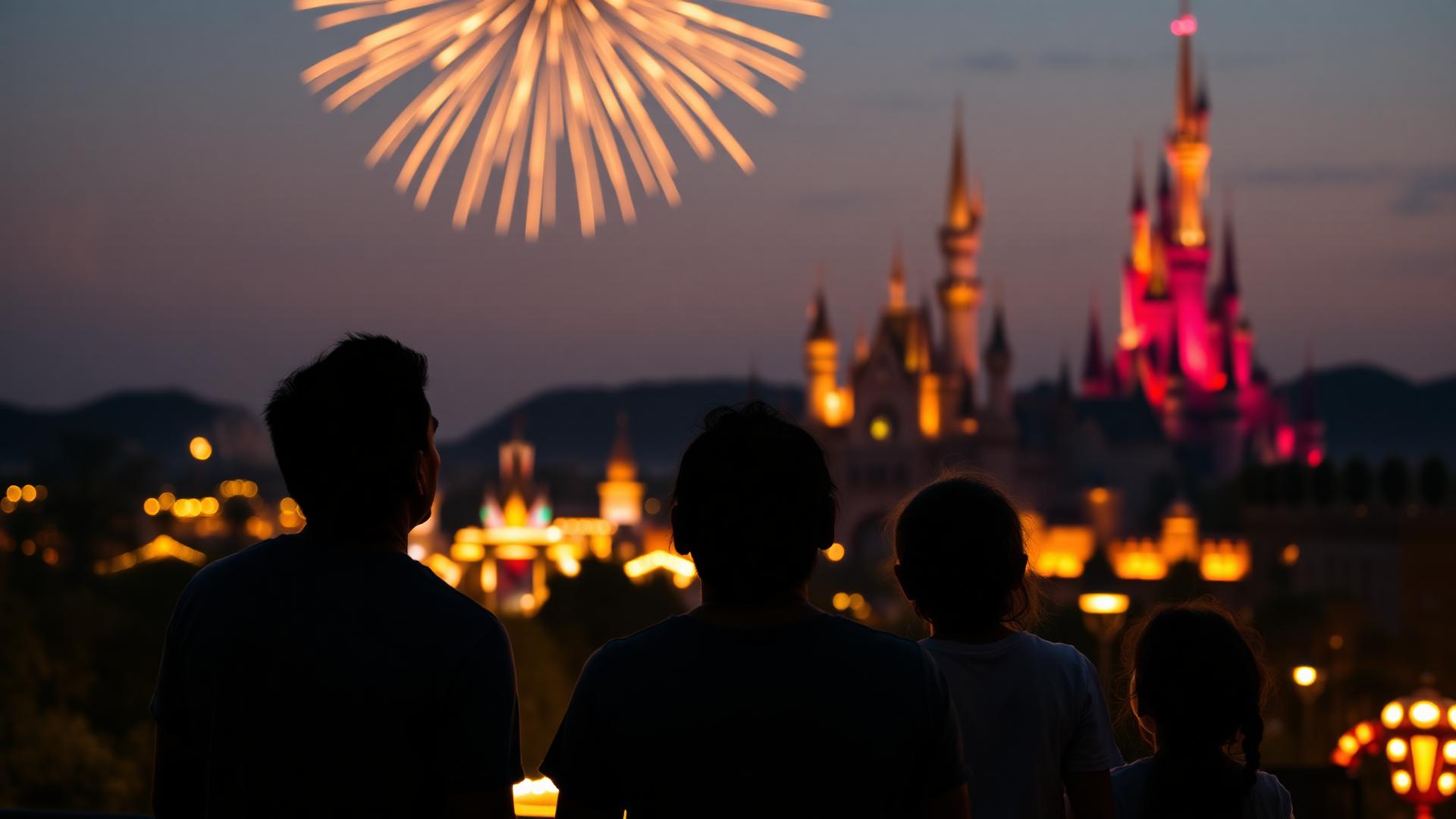 Família contemplando fogos sobre parque temático nos EUA